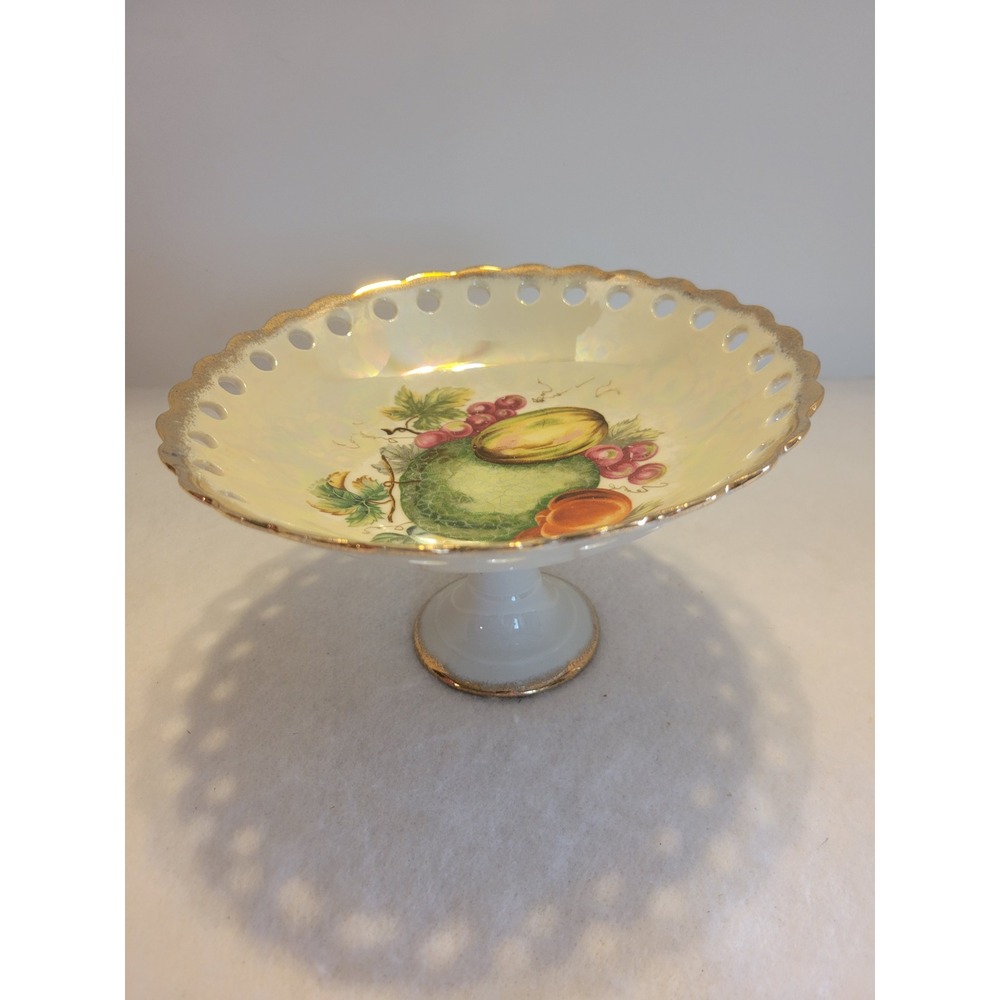 Trimont Ware Pedestal‎ Bowl Vintage Japan 8.5" Iridescent Gold Trim Good Fruit